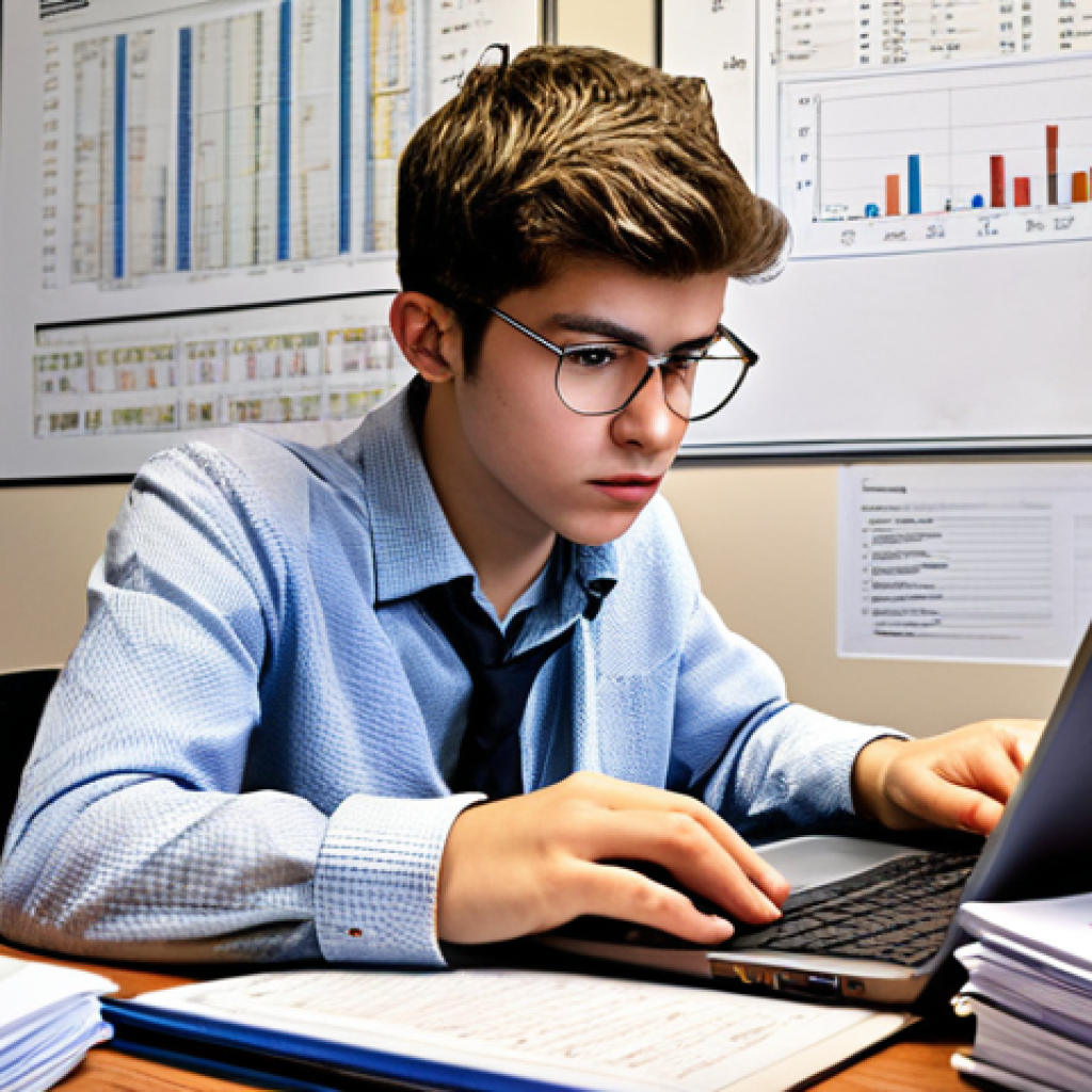 **A young physicist meticulously reviewing a grant application for funding in a cluttered but organized office. There are stacks of research papers and diagrams visible. A laptop displays a complex equation. The mood is one of determination and focus.**