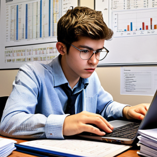 **A young physicist meticulously reviewing a grant application for funding in a cluttered but organized office. There are stacks of research papers and diagrams visible. A laptop displays a complex equation. The mood is one of determination and focus.**