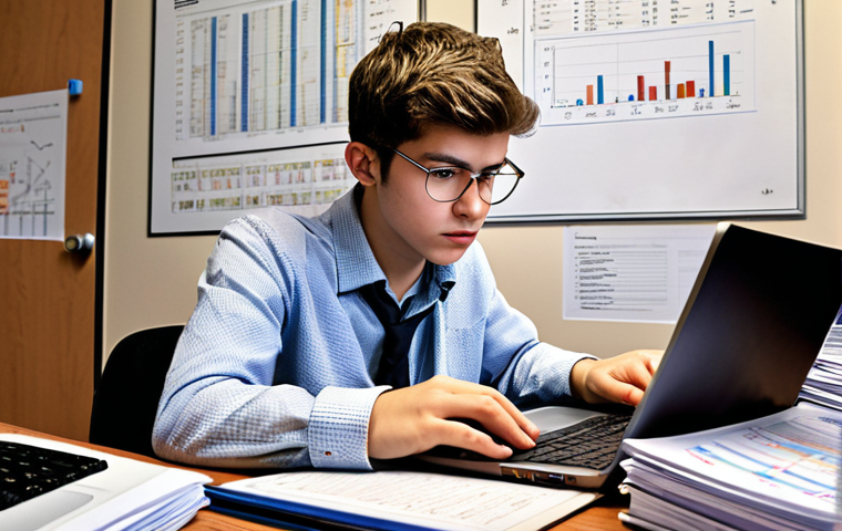**A young physicist meticulously reviewing a grant application for funding in a cluttered but organized office. There are stacks of research papers and diagrams visible. A laptop displays a complex equation. The mood is one of determination and focus.**